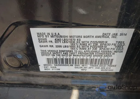 2014 Mitsubishi Outlander Sport Es z USA, uszkodzony, nr VIN 4A4AP3AUXEE021069